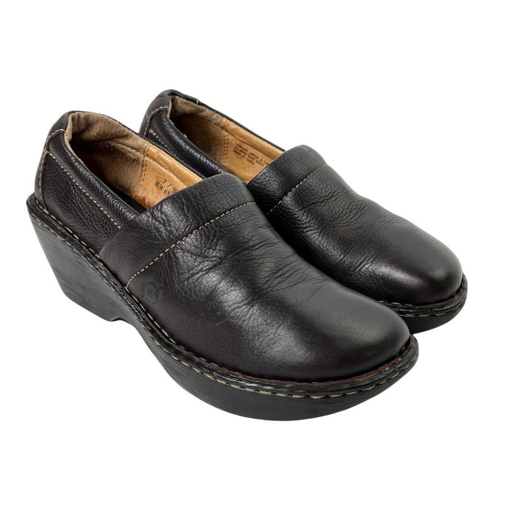 Born Dark Brown Pebbled Leather Slip On Comfort Platform Wedge Heel Clogs 7 / 38 - Picture 2 of 11